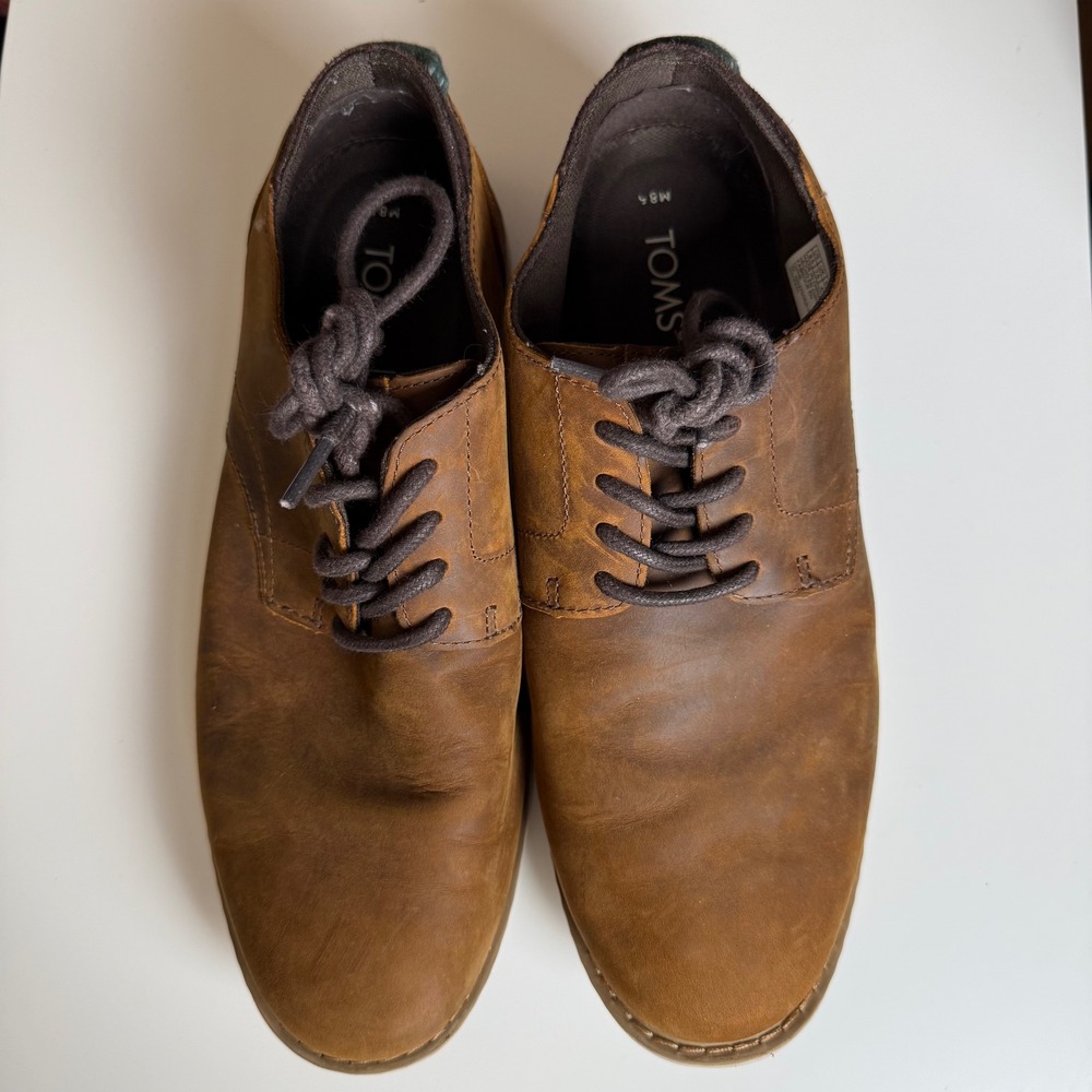 TOMS Mens Carlo Oxford Brown Leather Lace Up Casual Dress Shoes Sneakers 8.5